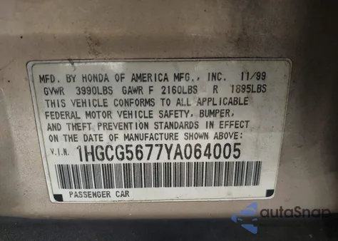 2000 Honda Accord 2.3 Se z USA, uszkodzony, nr VIN 1HGCG5677YA064005